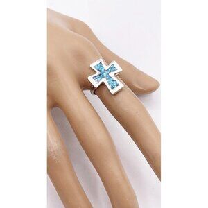 Handcrafted Sterling Silver Turquoise Chip Inlay Cross Ring Southwestern SZ 6